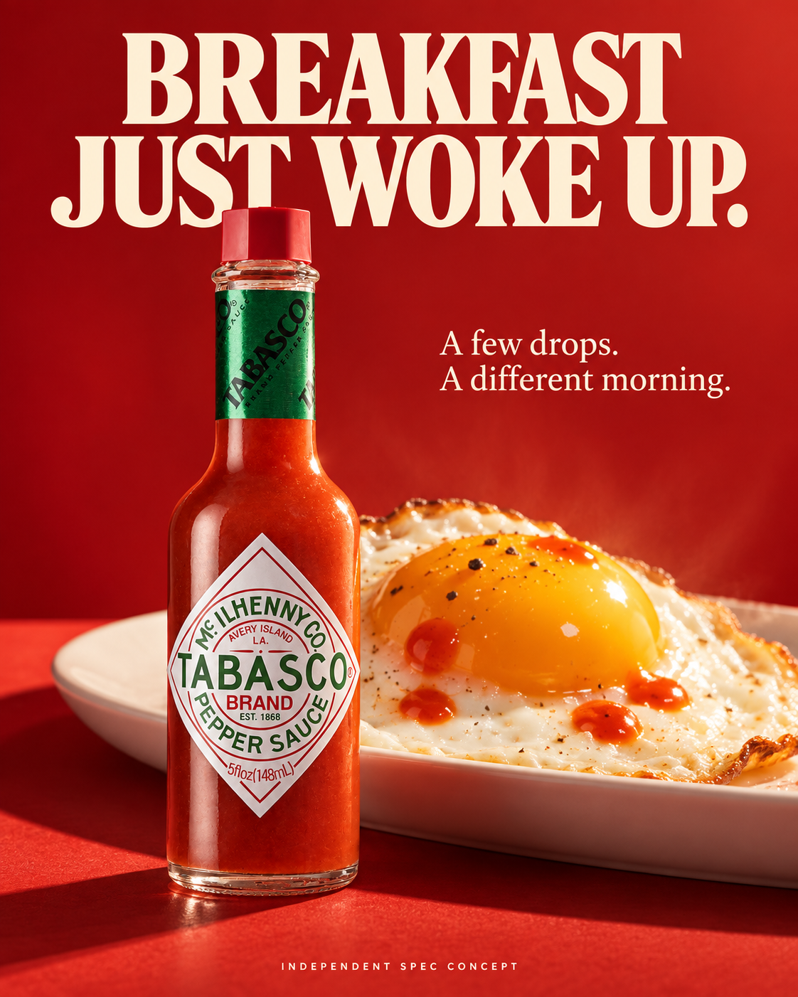 TABASCO bottle beside a glossy fried egg against vivid red, with the headline Breakfast just woke up.